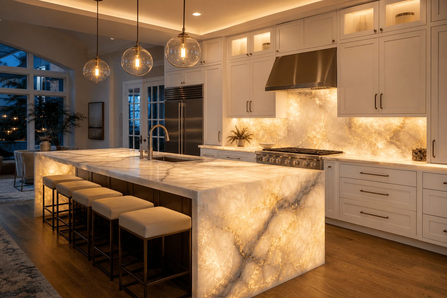 Luxury kitchen with backlit Cristallo quartzite island and feature backsplash in Northern Virginia